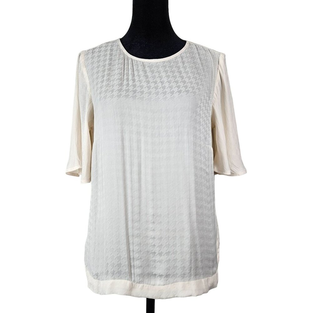 A New Day Womens Size XS Houndstooth Sheer Blouse Flutter Sleeves Casual Career